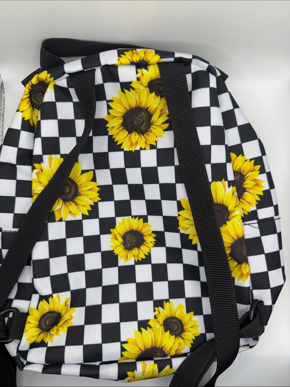 Vans Black/White Checkered Mini Backpack with Yellow Sunflowers Backpack - Picture 3 of 6